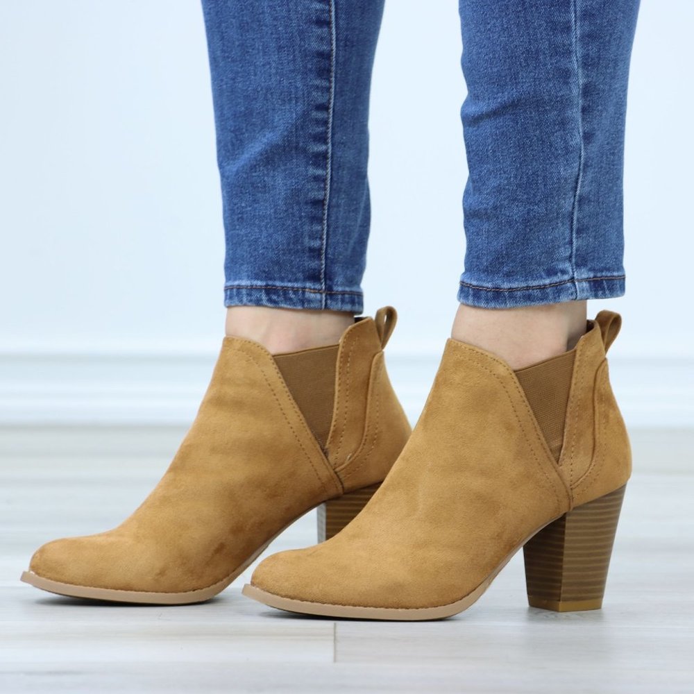 Chelsea Cone Block High Heeled Ankle Boots Brown Synthetic Suede - Picture 11 of 12